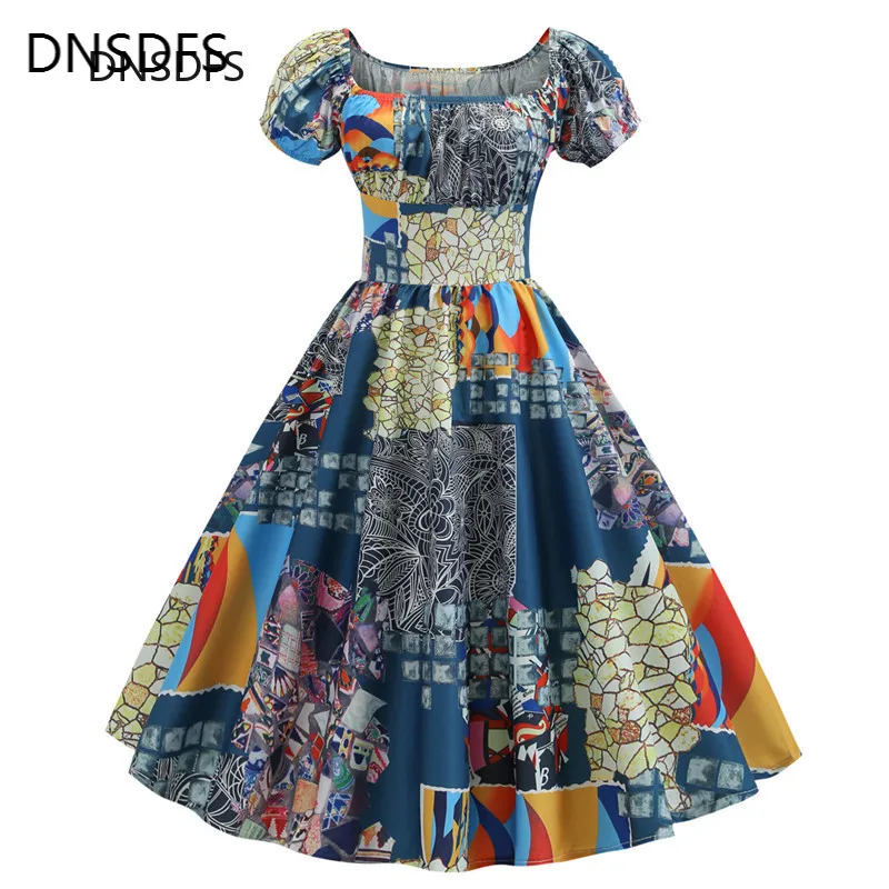 Summer 50S 60S Hepburn Celebrity Midi Dress Vintage Square Neck Floral Print Women White Blue Big Swing Slim Party Dresses | Женская
