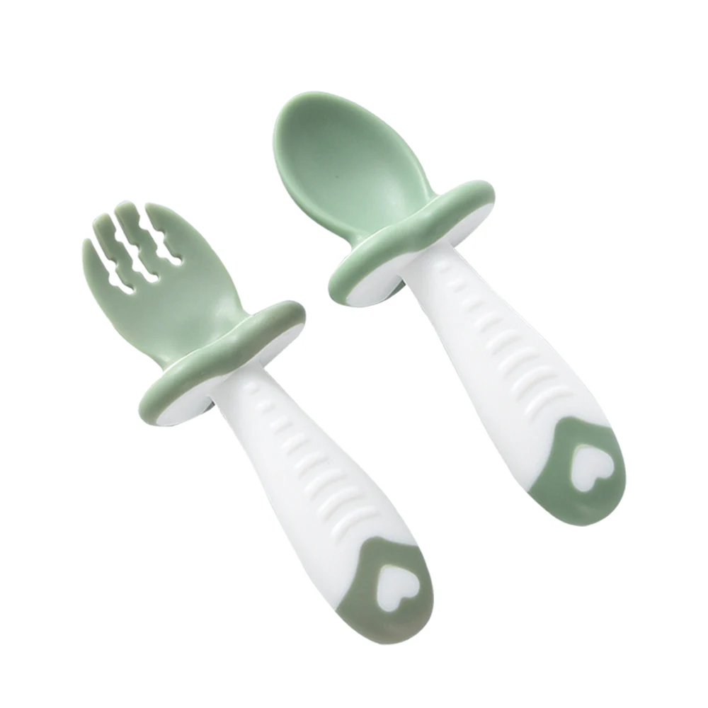 

2Pcs Baby Spoon & Fork Silicone Solid Feeding Cutlery Set Short Handle Training Spoons for Children Kids Infant Tableware Set