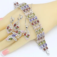 classic silver color jewelry sets for women multicolor zircon necklace pendant earrings ring bracelet wedding gift