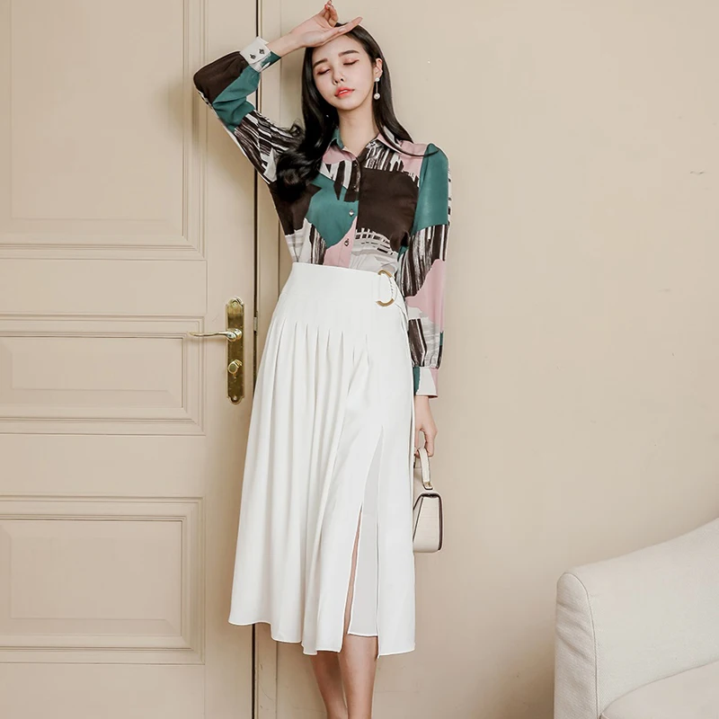 

The new printed shirts coat two-piece han edition cultivate one's morality waist split skirts suits female