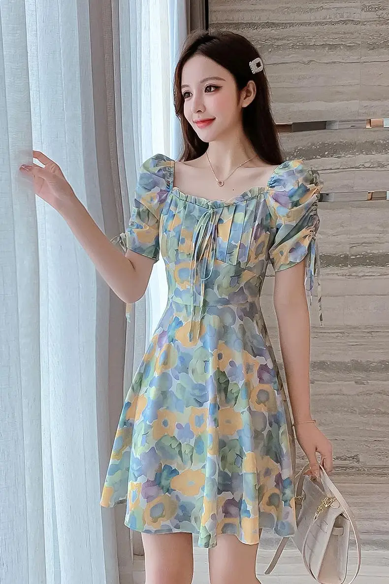 

COIGARSAM Print Women dress New Summer Chiffon Short Sleeve Dresses 5533