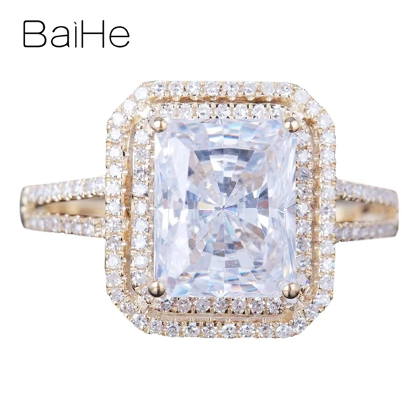 BAIHE Твердые 14 к желтое золото 5.9CT сертифицированные, подлинные AAA класс кубического циркония Подушка обручальное кольцо для женщин роскошный модный подарок кольцо