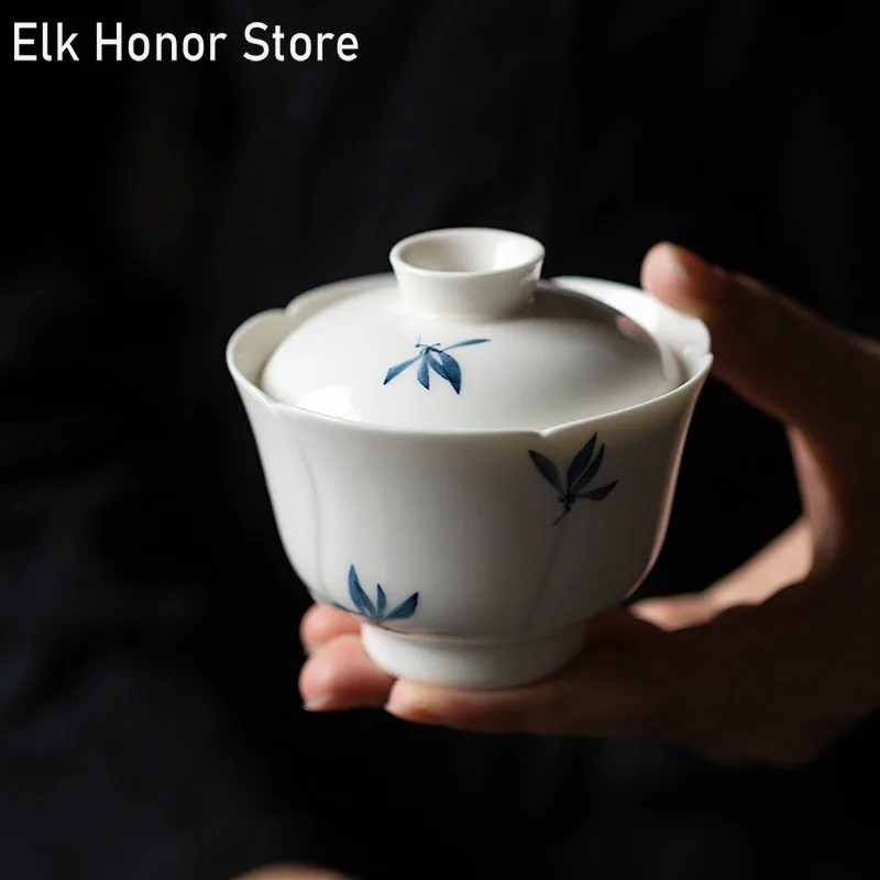 

100ml Pure Hand-painted Butterfly Orchid Art Ceramic Tea Tureen White Porcelain Tea Maker Gaiwan Household Kung Fu Teaware Set