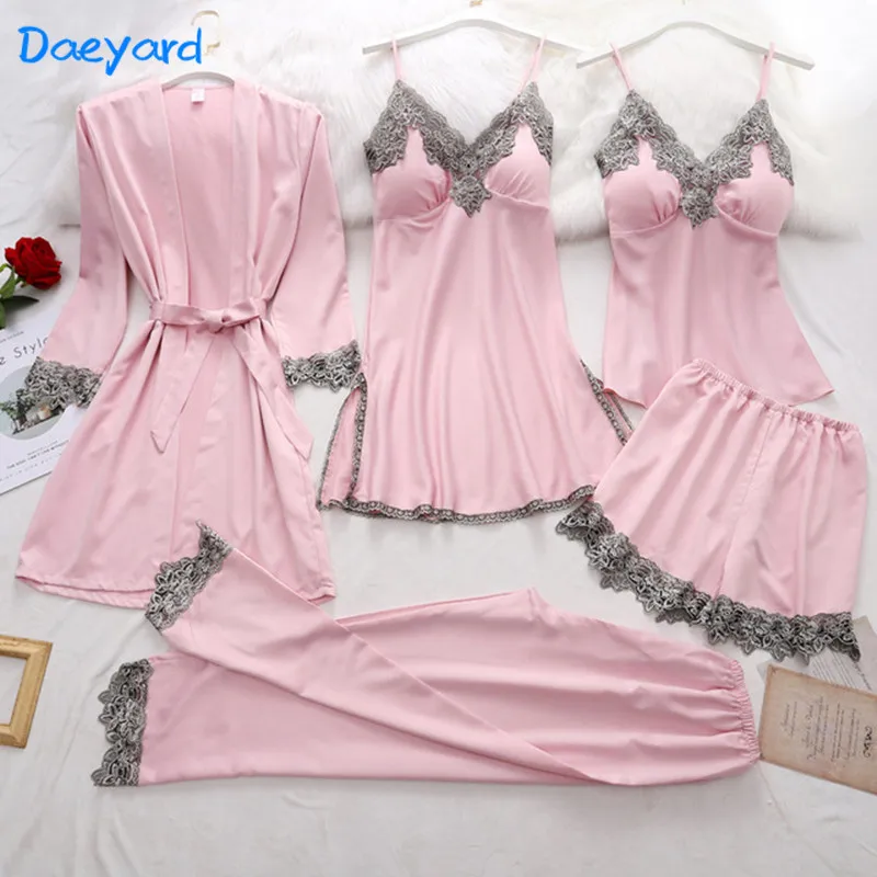 

Daeyard 5PC Faux Silk Robe Sleep Suit Women Lace Satin Pajamas Gown Set V-Neck Cami Pijama Homewear Spring Nightdress Sleepwear