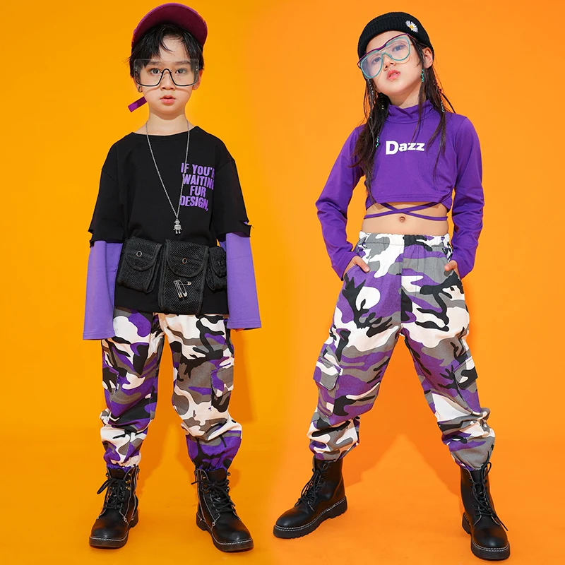 

2021 New Hip Hop Dance Clothes For Girls Purple Top Camouflage Pants Boys Jazz Ballroom Stage Wear Carnival Rave Outfit SL4039