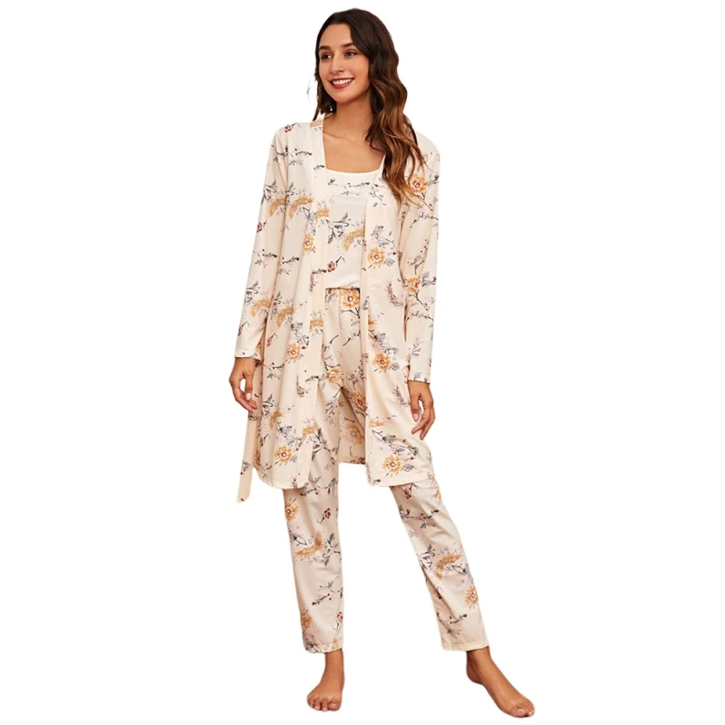 

Womens Silk Satin Pajamas Sets Floral Print Lingerie Sleepwear Cami Top And Long Pans with Belt Rope Set Sexy Pj Nightgown Set