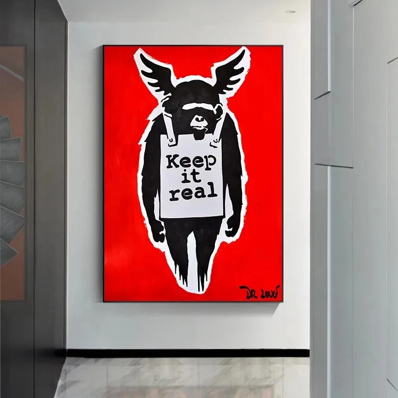 

Banksy Art Winged Monkey Keep It Real Canvas Painting Graffiti Street Poster and Prints Wall Art Pictures for Living Room Decor