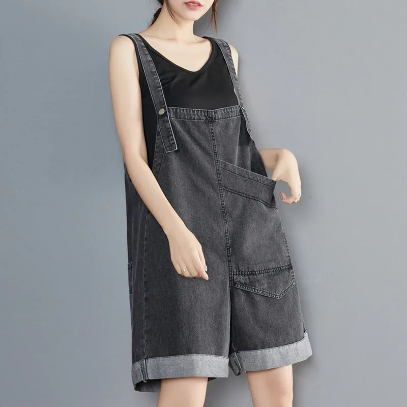 #1526 Black Denim Cotton Overalls Women Loose Big Size Sleeveless Denim Playsuits And Jumpsuits Summer Playsuits Ladies Pockets