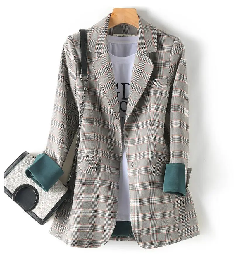 

2021 New Fashion Business Interview Plaid Suits Women Work Office Ladies Long Sleeve Spring Casual Blazer