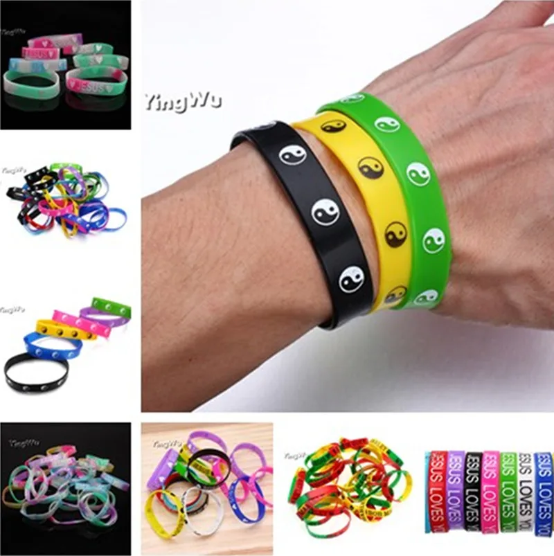 

Yingwu 100pcs Multicolor Elasticity Jesus Cross Skull Peace Butterfly Etc Style Wrist Cuff Silicone Bracelets For Men Women