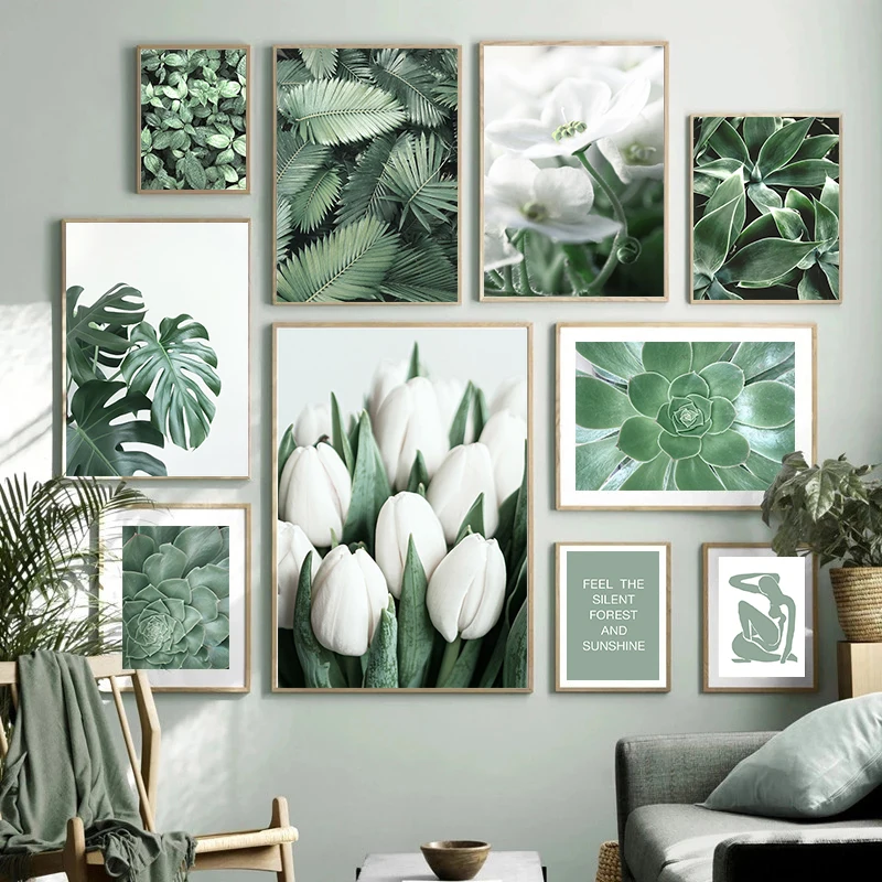 

Настенный плакат с изображением зеленых природных растений, цветов, Листьев, живопись на холсте, современный свежий домашний декор, Настенн...