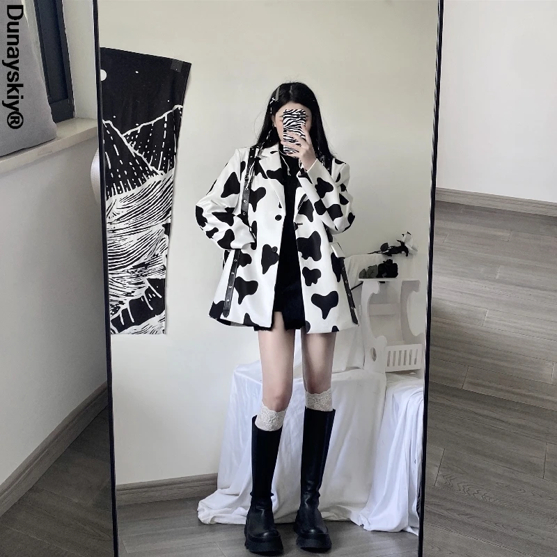 

Spring Autumn Blazer Jacket Women Streetwear Fashion Print Single Breasted Middle length Suit Jacket Loose Blazers Coat Female