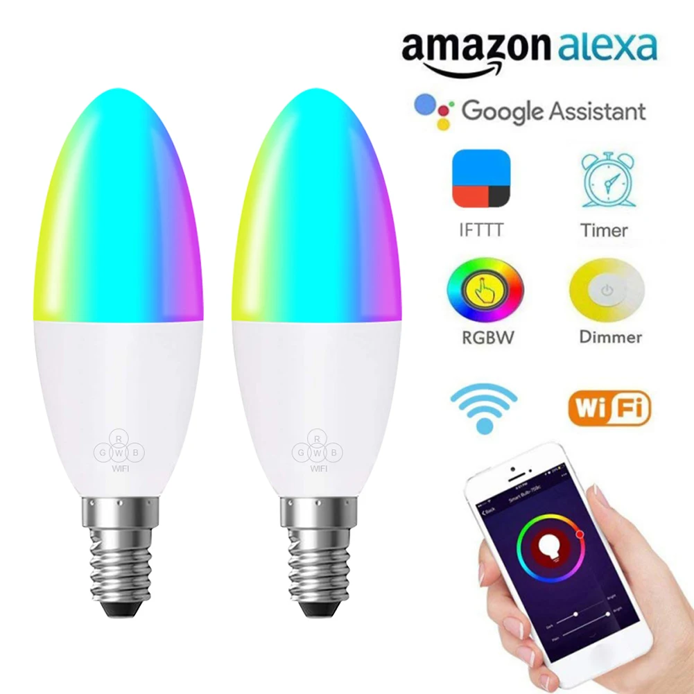 Смарт WiFi Свеча лампа E14/E27 RGB лампа поддержка Alexa/Google Home/IFTTT смарт-динамик Голосовое управление 6 Вт светодиодные лампы украшения