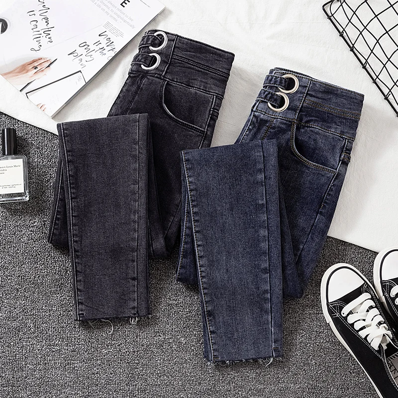 Женские джинсовые брюки карандаш с высокой талией темно синие зауженные джинсы в