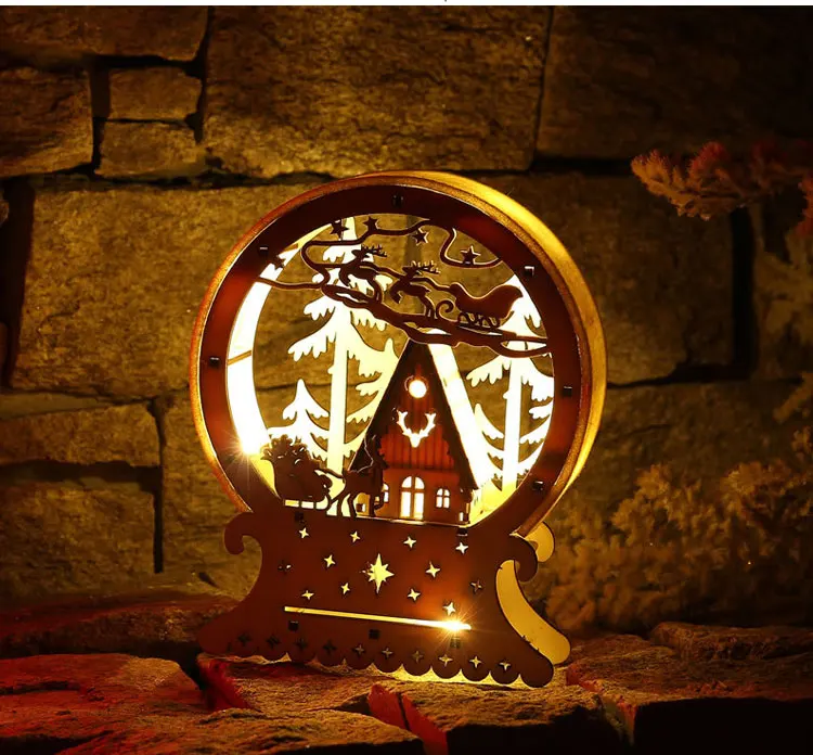 Round cabin Santa Claus Elk DIY Wooden Christmas Led Light Snow House Decoration Noel Village Teacher Gifts Glow in the dark