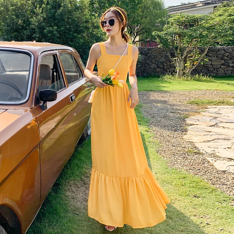 

Women Long Yellow Slip Dress Sundress Summer 2022 Runway Elegant Maxi Backless Korean Fairy Honeymoon Vacation Party Night Dress