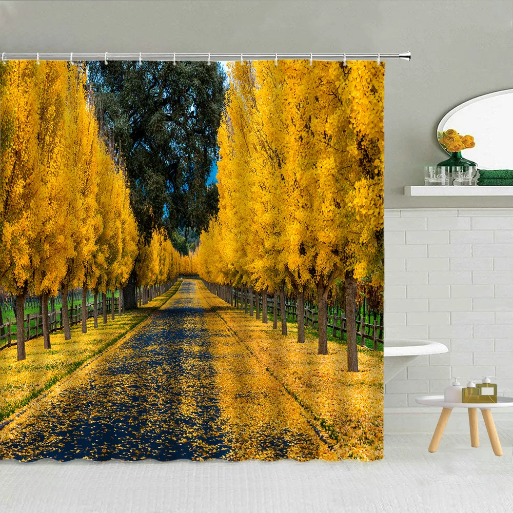 

Park Autumn Scenery Shower Curtain Yellow Deciduous Road Forest Bathroom Decor Bath Screen Waterproof Fabric Hooks Curtains Set