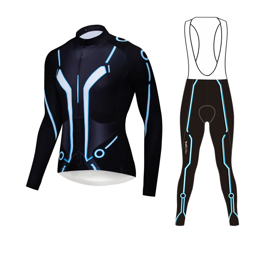 WULIBIKE Men's Long-Sleeve Cycling Clothing Suit Autumn MTB Bicycle Sportwear Bib Pants Set Ice Blue