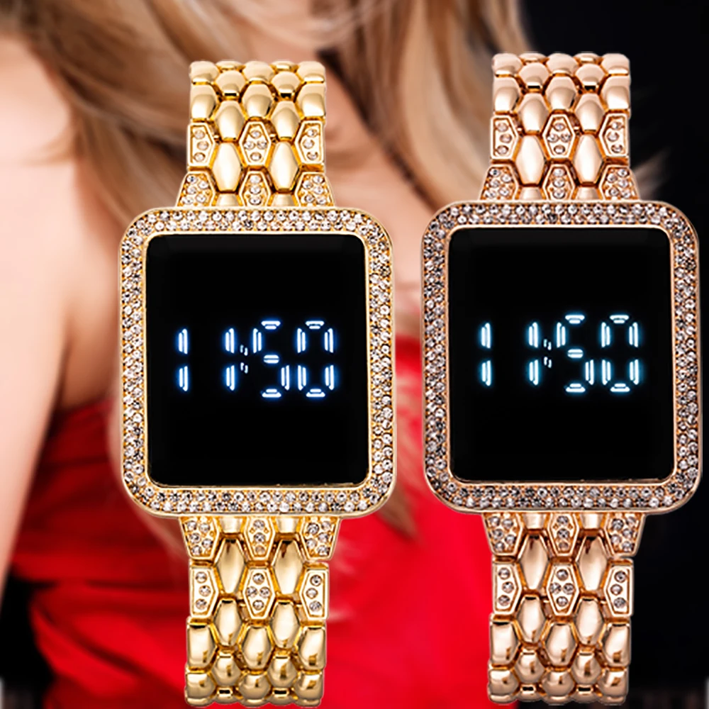 

Luxury Gold Watch Women Watches Square Stainless Steel Women's Bracelet Creative LED Digital Waterproof Clock Relogio Feminino