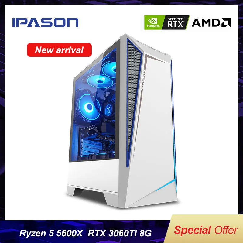 

IPASON Battlefield S5 Gaming Computer PC AMD R5 5600X RTX3060TI 8G/500G M.2 SSD 16G DDR4 RAM Desktop E-sport Device