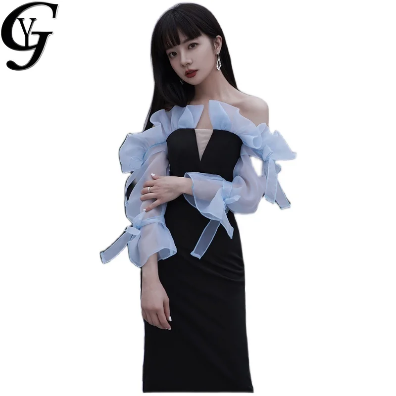 

2021 New Spring Bodycon Black Dresses for Women Elegant Mesh Patchwork Puff Sleeve Party Club Ladies Midi Dress Vestidos Mujer