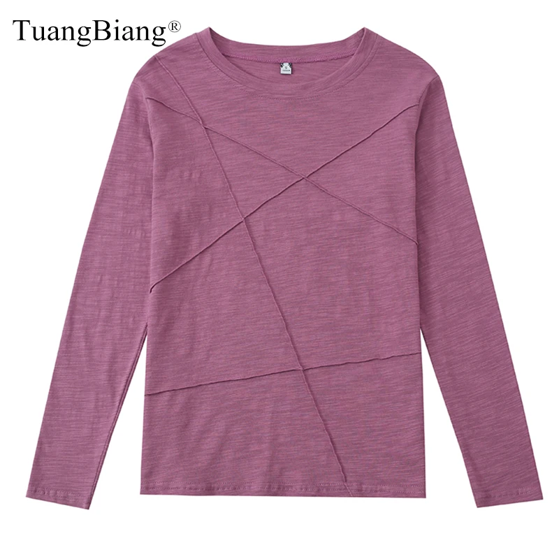 

TuangBiang 2023 Spring 3D Ribbed Cross Cotton T-Shirt Women O-Neck Loose Simple Tshirt Long Sleeve Ladies Bottoming Shirt Tops