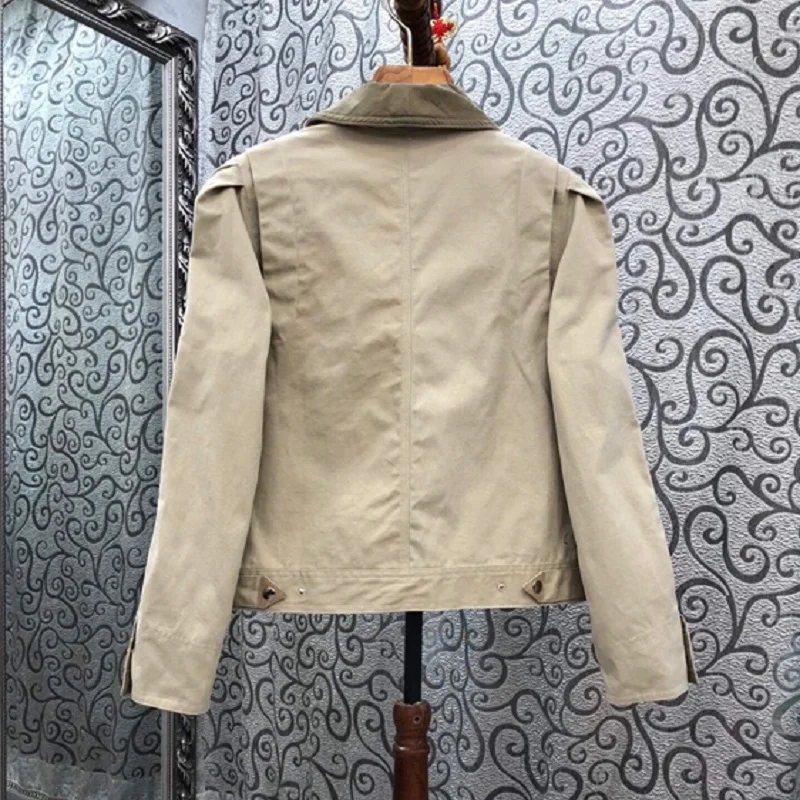 

100%Cotton Jacket 2020 Autumn Fashion Style Women Color Block Patchwork Covered Button Long Sleeve Casual Basic Coats Jackets