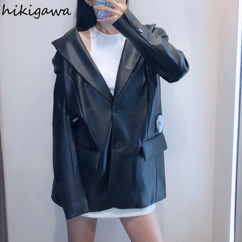 

Hikigawa Faux Leather New Turn Down Collar Long Sleeve Single Breasted Leather Jacket Women Solid Fashion Streetwear Coat