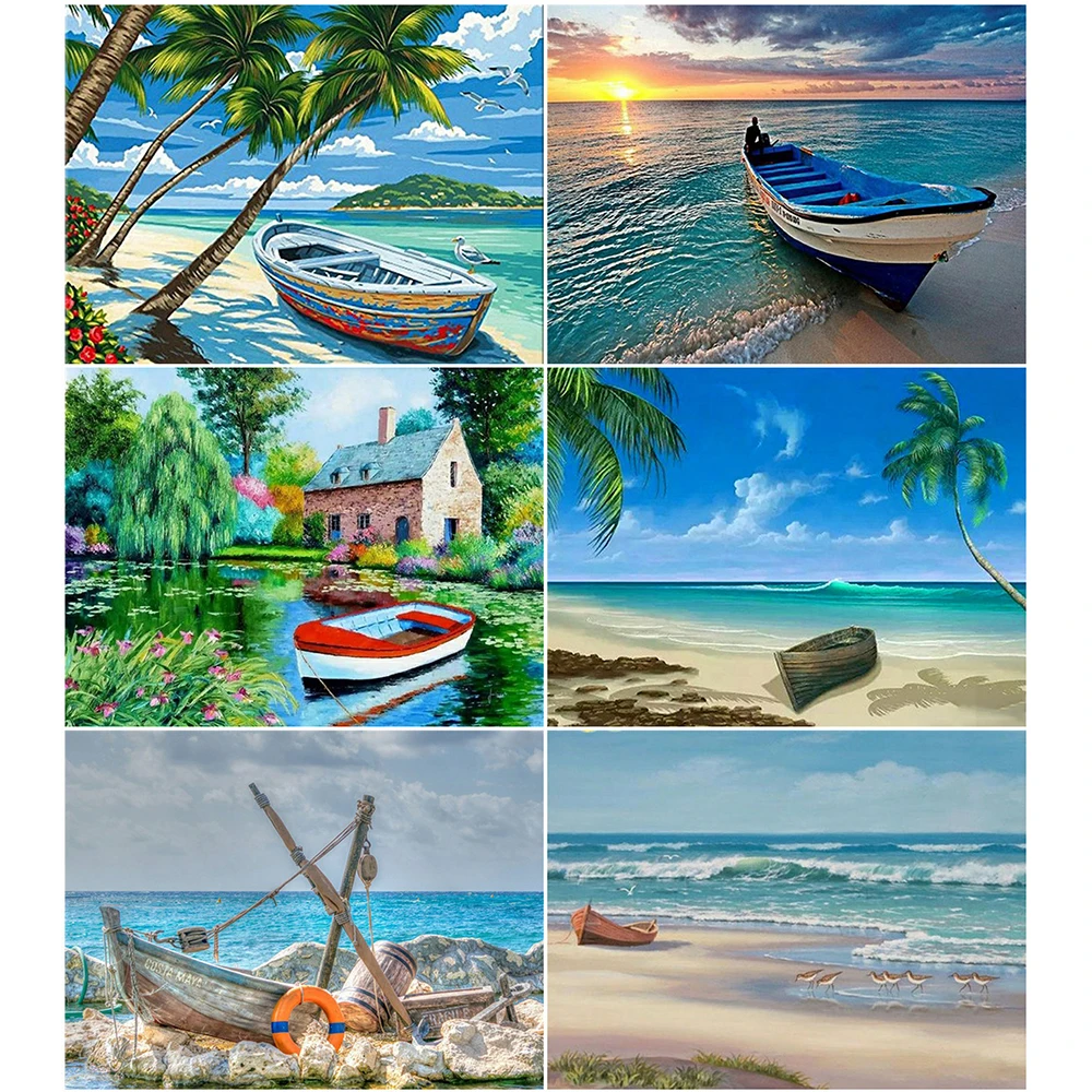 

Kamy Yi Diy 5d Square Diamond Handmade Round Rhinestone Cross Stitch Seaside Boat Scenery Picture Home Decoration Gift