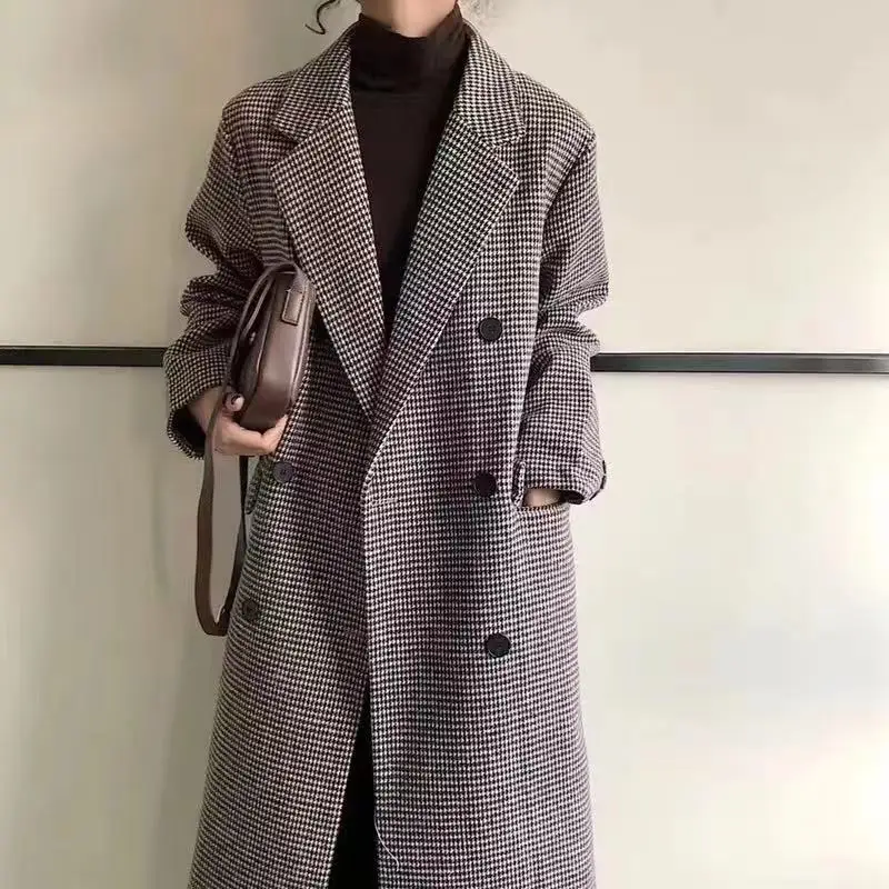 

2021 New Women's Autumn and Winter Korean Plaid Woolen Loose Temperament Coat Women's Long Over-the-knee Woolen Coat Trend