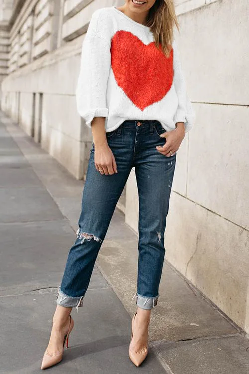 

Big love intarsia sweater European and American fashion student pullover