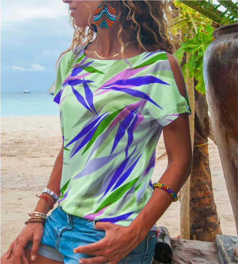 

Women T Shirts Off Shoulder Fashion Summer Short Sleeve Leaves Print Tee Shirt Casual Office Boho Tops Thin Top Plus Size S-3XL