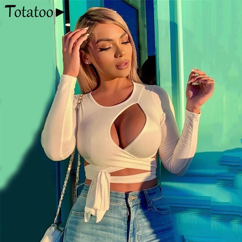 

Totaoop Hollow Out Lace Up Bandage Sexy T Shirts For Women 2021 Spring Long Sleeve Fitness Crop Tops White Streetwear Tshirt