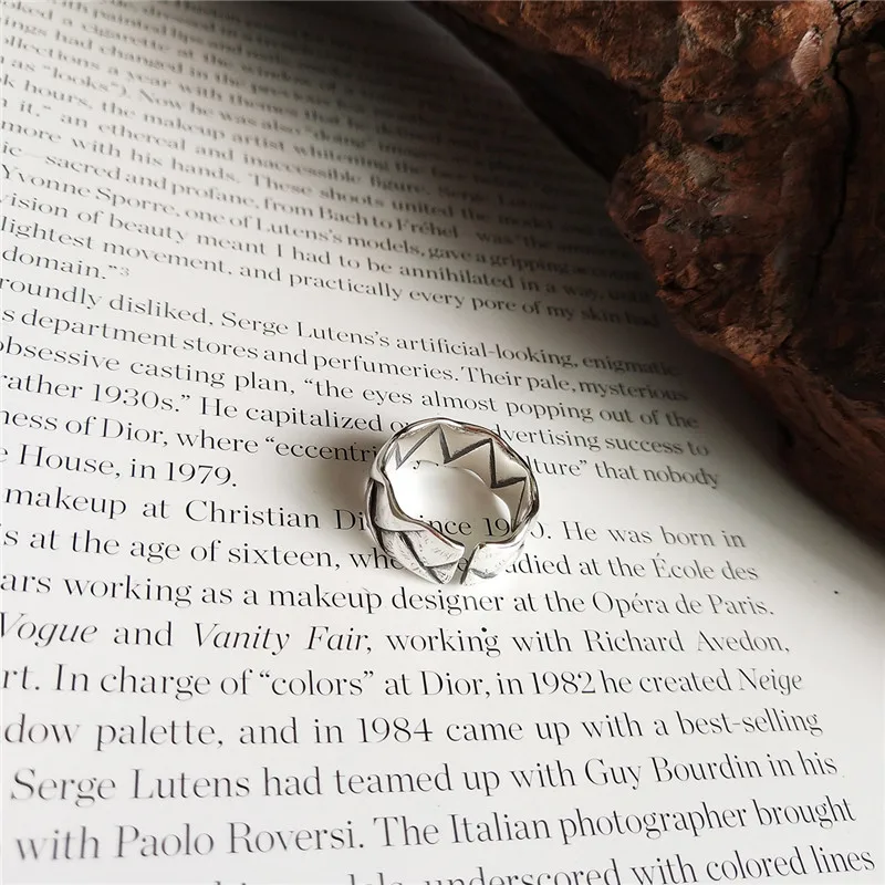 

RUIYI Minimalism Women 925 Sterling Silver Luxury Jewelry Fashion Rings Vintage Make Old Distress Geometric Weaving Chic Rings