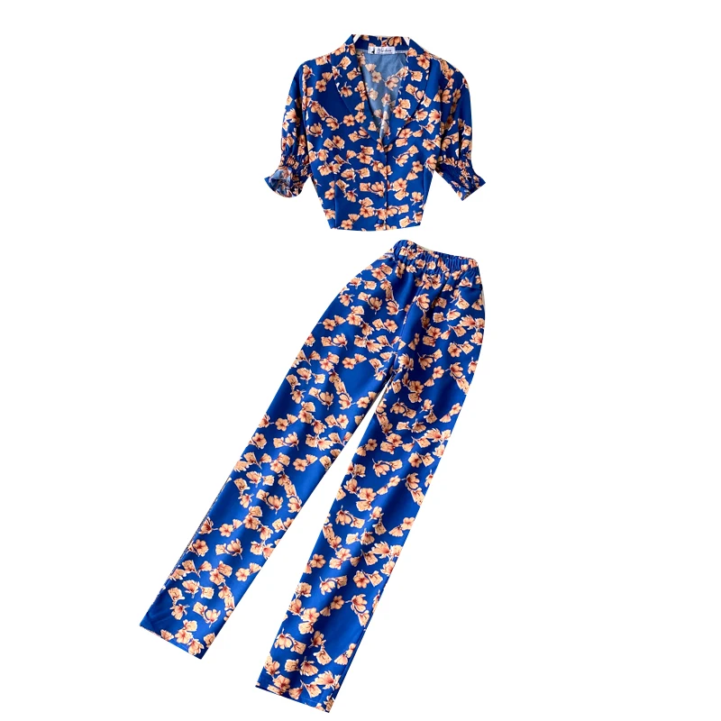 

Floral Two-piece Suit 2020 New Ladies Lapel Short Puff Sleeve Top All-match High-waist Carrot Pants UK649