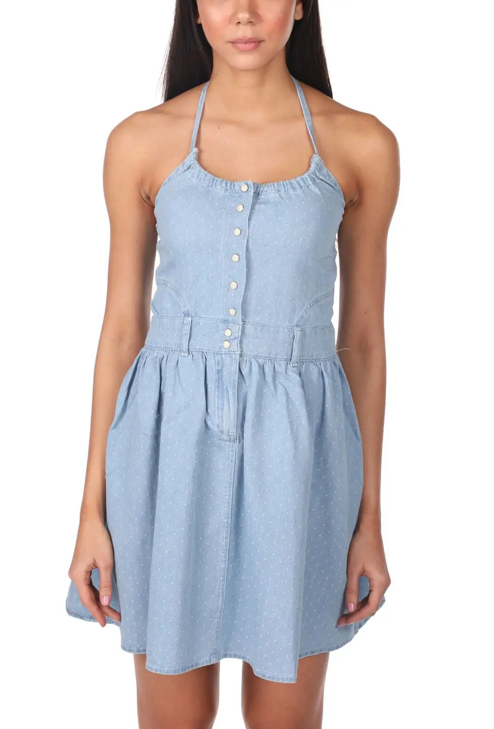 

Womens Light Blue Gathered Jean Dress