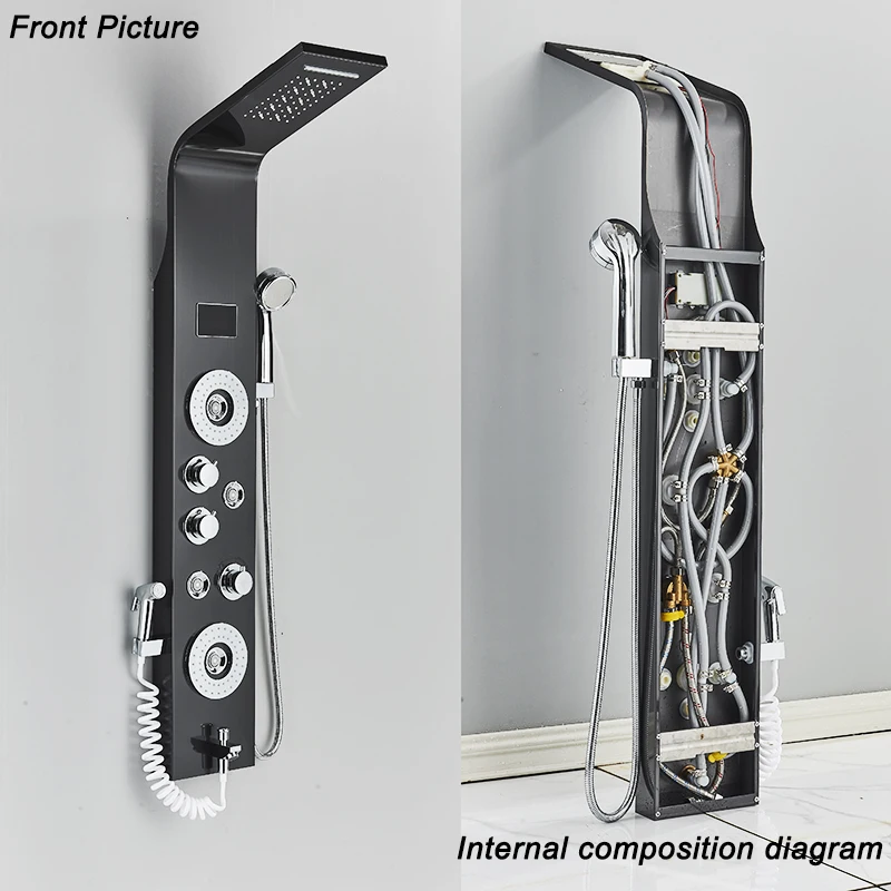 Black LED Light Shower Panel Rainfall or Waterfall ShowerHead SPA Massage Jet Bathroom Column System Bidet Sprayer Faucet |