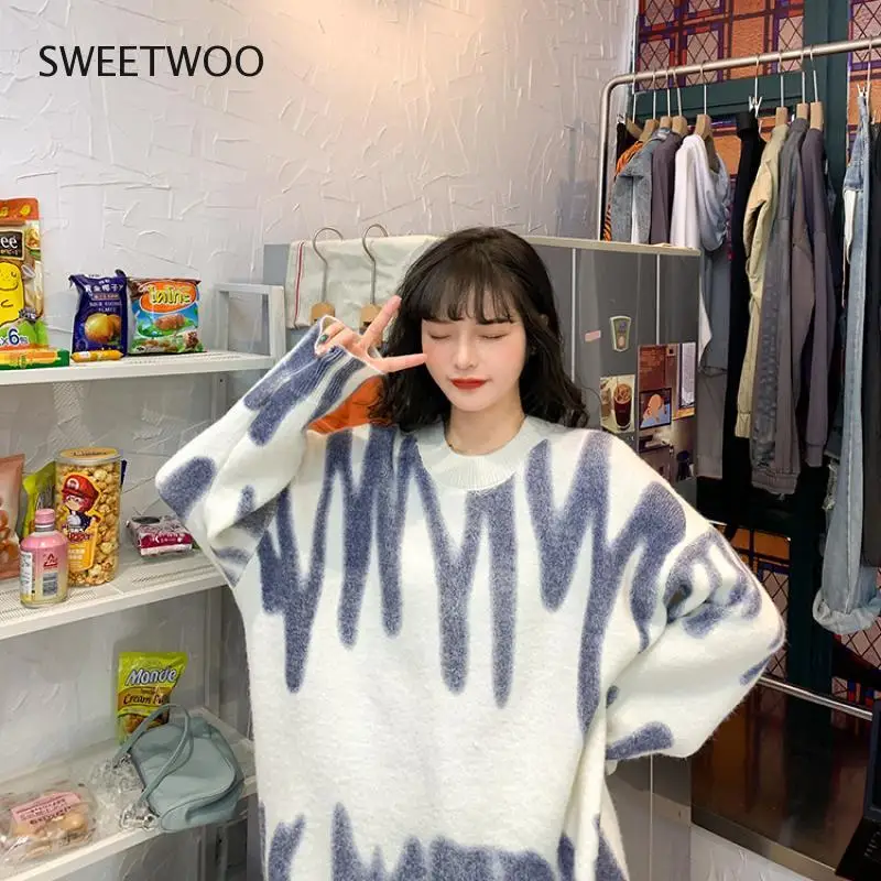

Elegant Green Striped Print Oversized Pullovers Women Winter O-Neck Loose Long Sweaters Streetwear Warm Outerwear 2021