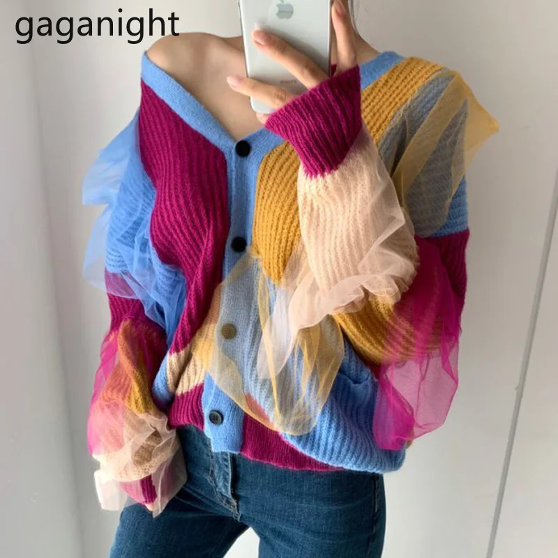

Gaganight Модный женский кардиган, вязаный однобортный Свободный кардиган, шикарная Корейская верхняя одежда, топы, Прямая поставка, сетчатые к...