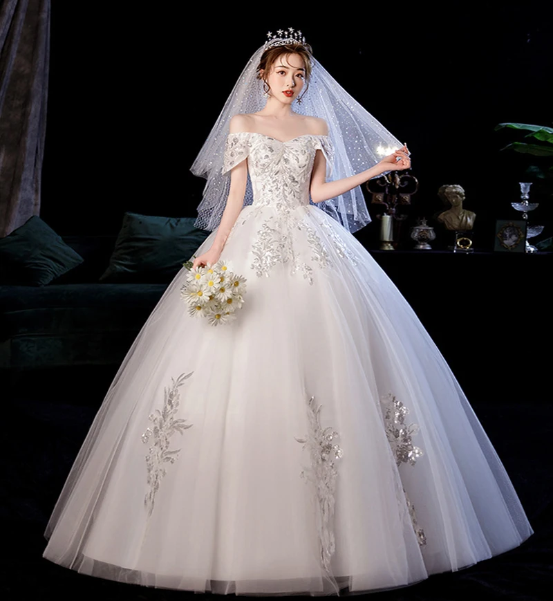 

Boat Neck Bling Sequins Applique New Vestidos De Noiva Elegant Suknia Slubna Wedding Dress Princess Ball Gown Trouwjurk
