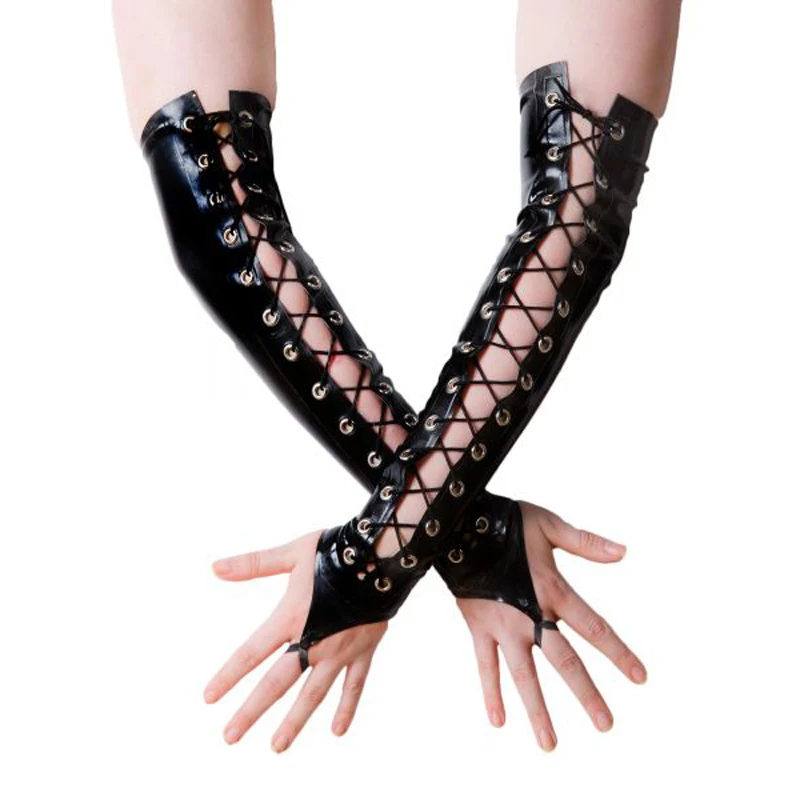 

Black Long Sexy Latex Mitts With Lacing At Front Figerless Rubber Gloves ST-0026