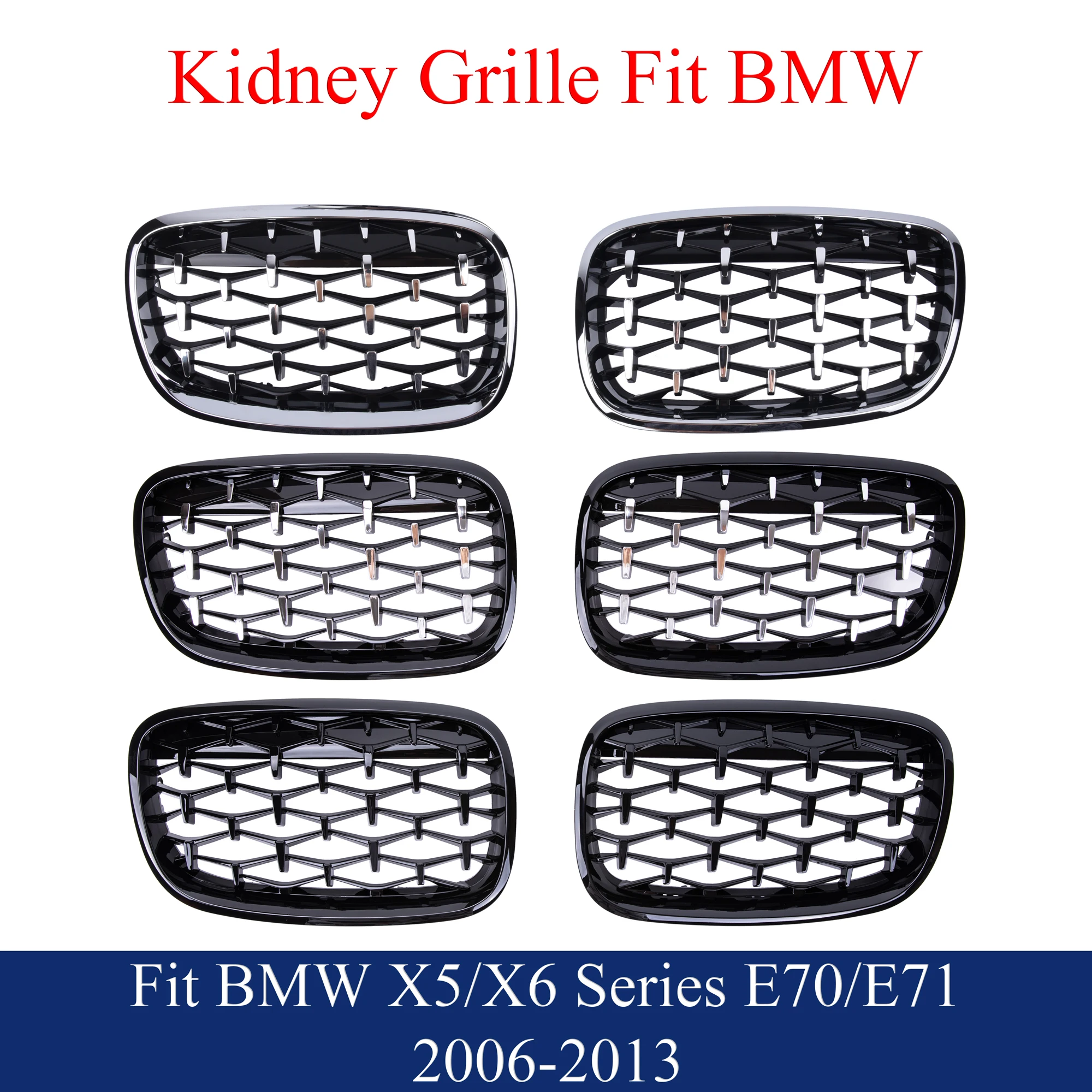 

Chrome Diamond Front Kidney Grill Gloss Black Fit BMW 2006-2013 X5 E70 X6 E71 Series xDrive30i 35i 48i 50i 30d 35d 40d