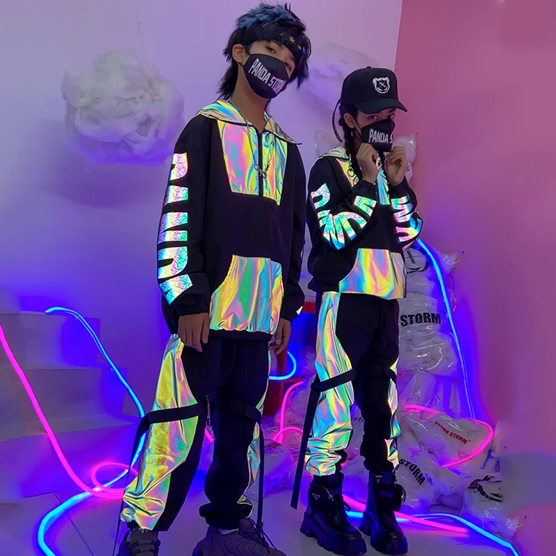 

2022 Reflective Hip Hop Performance Clothing For Children Dance Costume Girls Long Sleeve Hoodies Boys Pants Stage Rave Wear