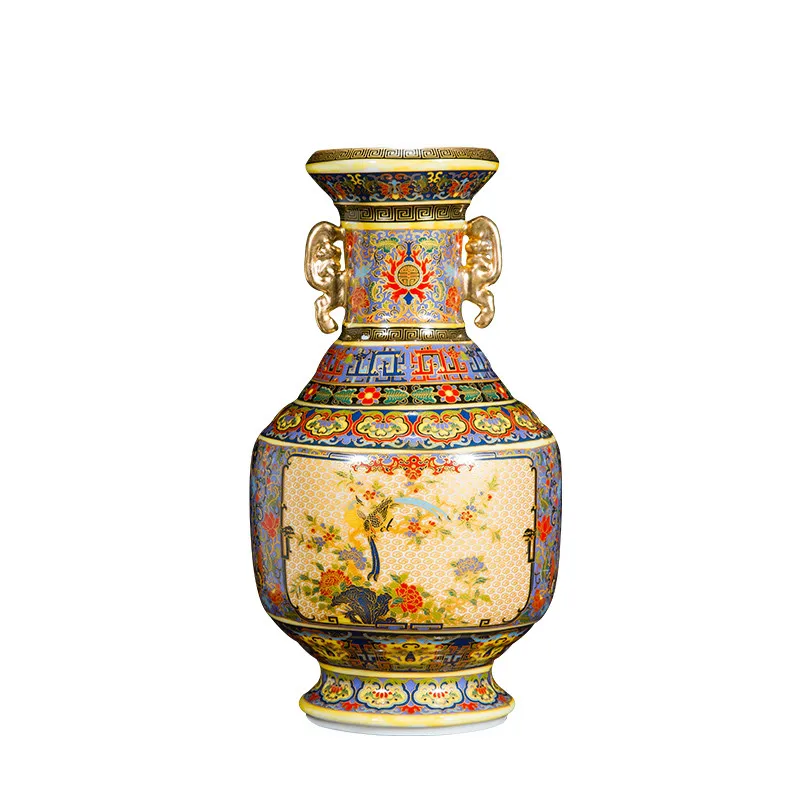 

Antique Double Ears Enamel Vase Chinese Porcelain Flower Vase Tabletop Vase