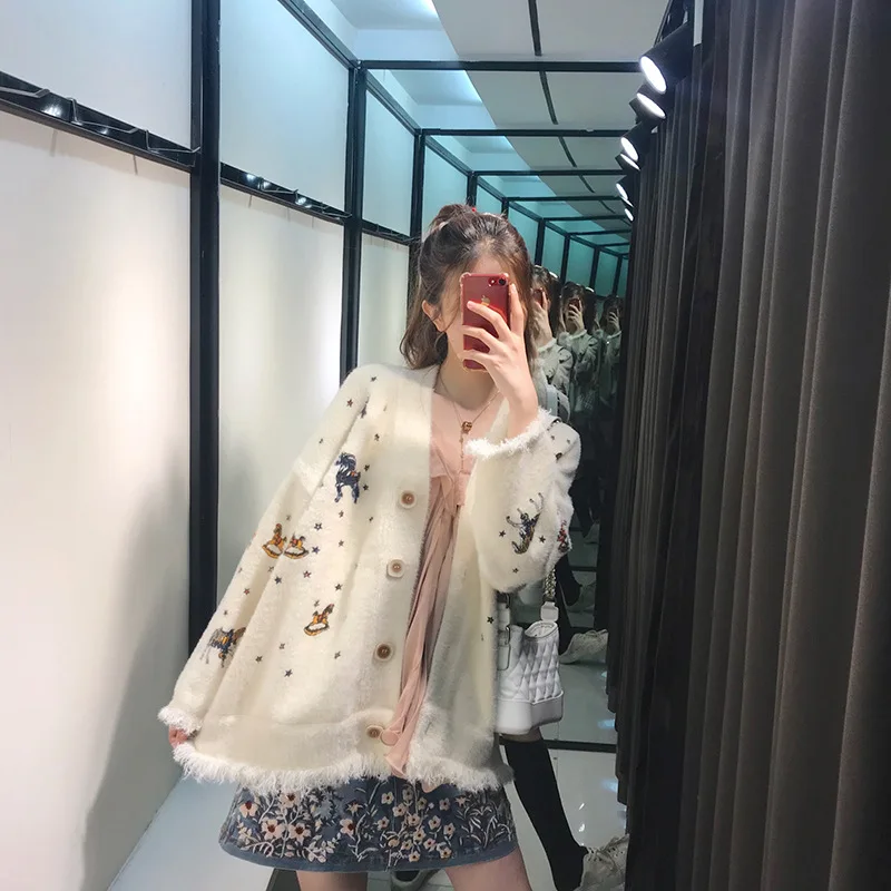 Осень 2019 новый свитер кардиган женский модный простой вышивка декоративный