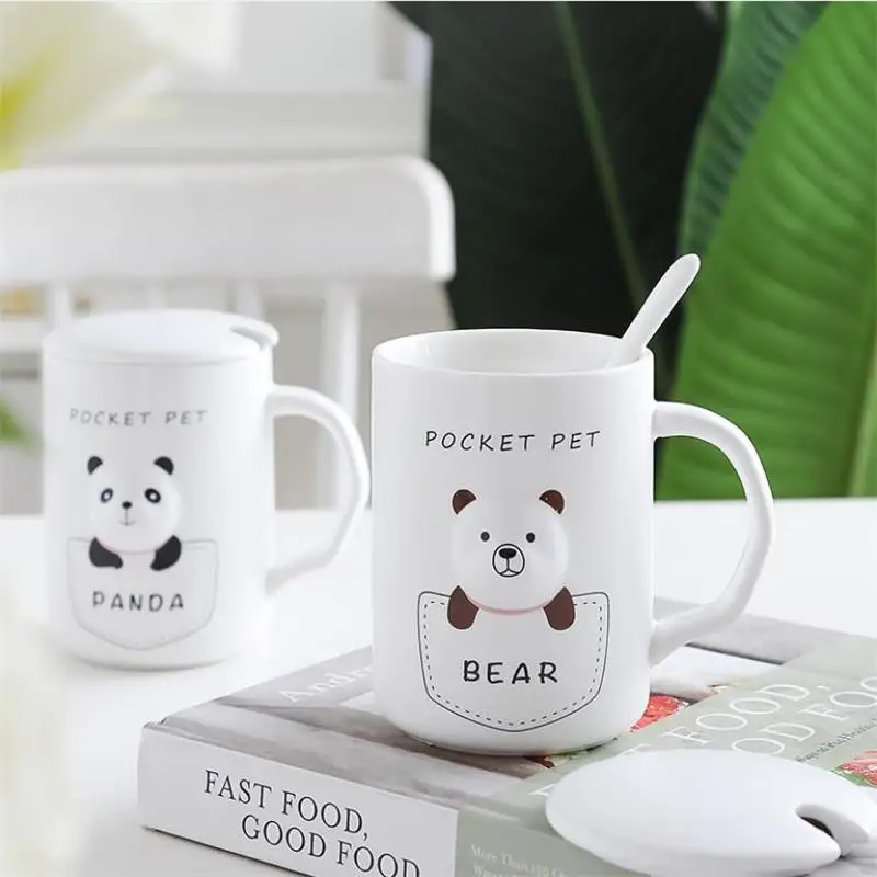400 мл креативная керамика с мультяшными животными крышкой и ложкой кружка ручкой