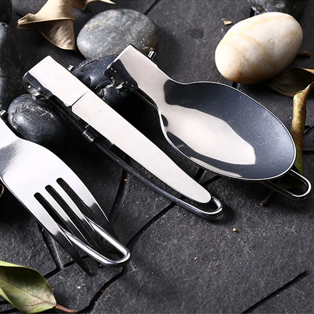 

Foldable Camping Gear Set 3 In1 Outdoor Camping Stainless Steel Folding Knife Fork Spoon Camping Picnic Travel Hiking 1Set