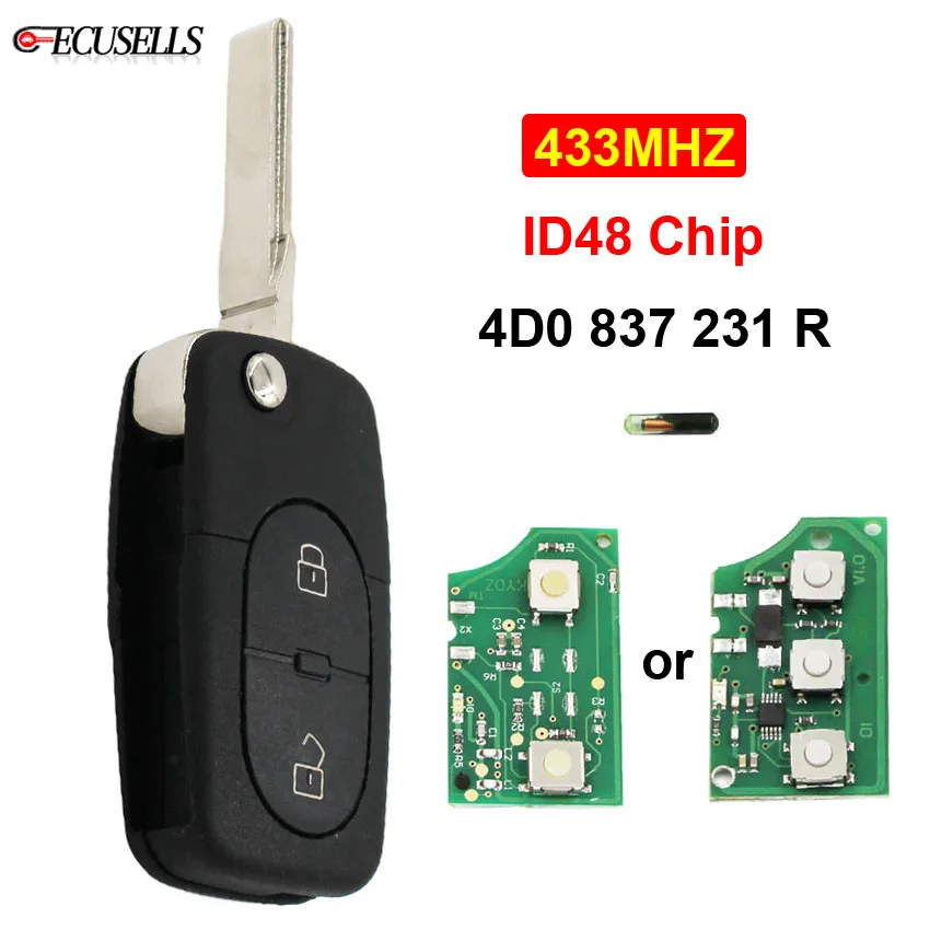 2 кнопки складной дистанционный ключ 4D0 837 231 R 433MHZ ID48 чип 4D0837231R для Audi A3 A4 A6 Quattro