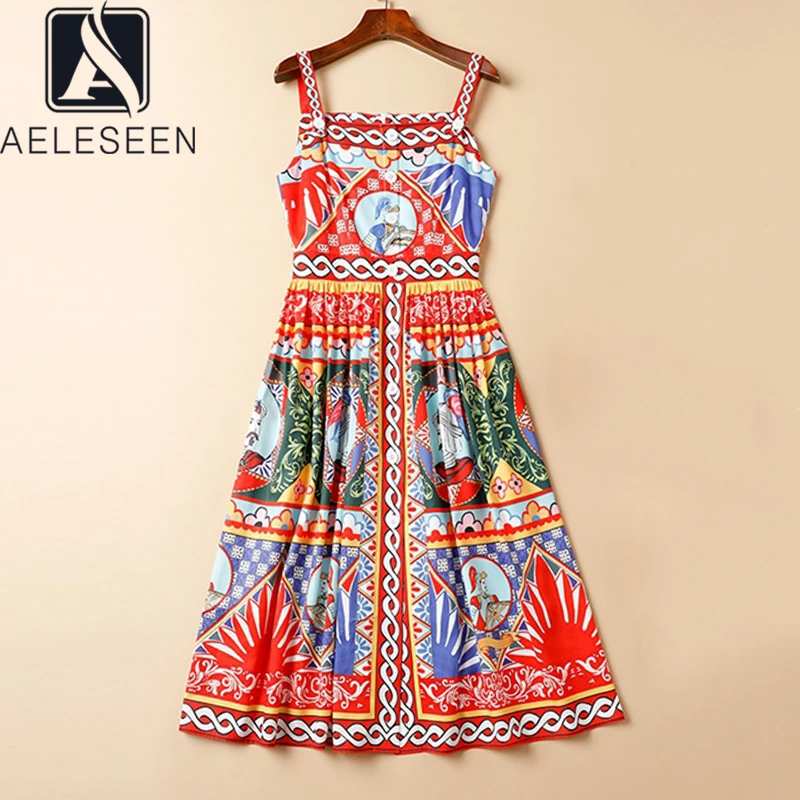 AELESEEN عالية الجودة المدرج موضة صقلية السباغيتي حزام الرجعية الطباعة الملونة الركبة الحمالة بروتيل فستان للنساء