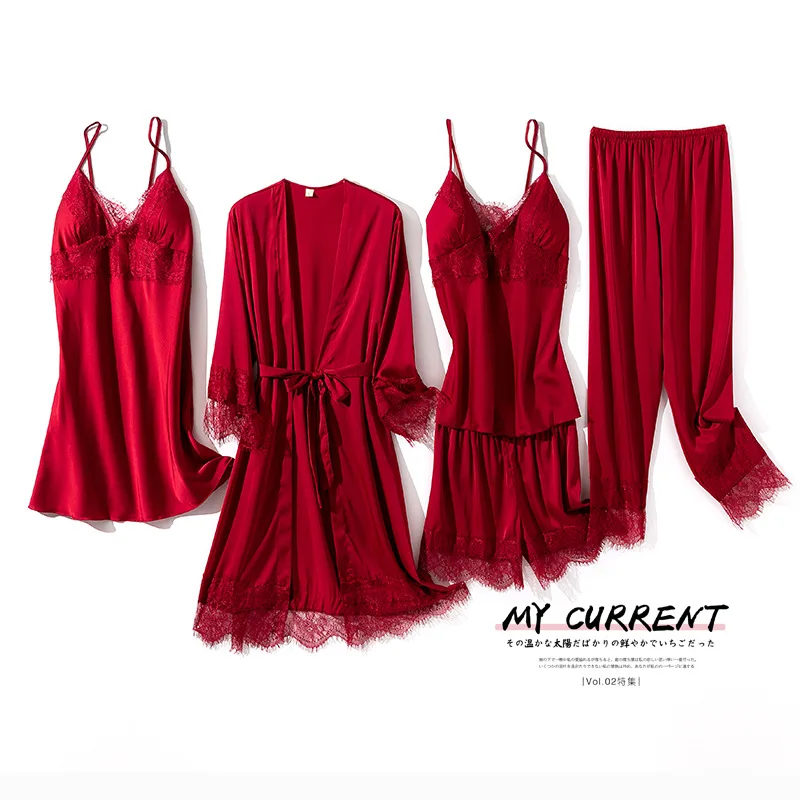 

Women Sexy Lace Pajamas Sets Satin Silky 5PCS Sleepwear Solid Pyajams Suit Female Casual Sleep Set Loose Home Clothes
